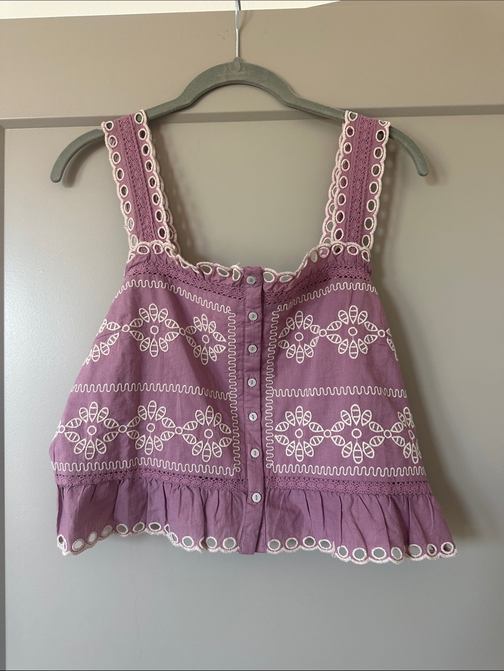 American Eagle Outfitters Mauve Embroidered Button-Front Tank